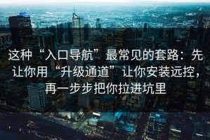这种“入口导航”最常见的套路：先让你用“升级通道”让你安装远控，再一步步把你拉进坑里